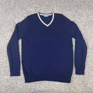 J McLaughlin Sweater Mens Medium Blue Cotton Cashmere Striped Trim V Neck